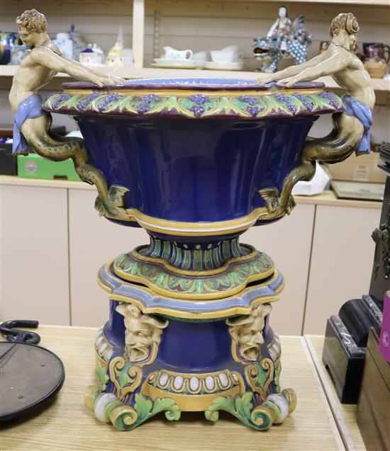 A large majolica jardiniere on stand (a.f)